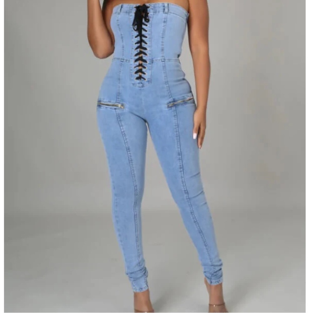 Celebrity Fashion By Hera Collection Blue Denim Sleeveless jumpsuit size M